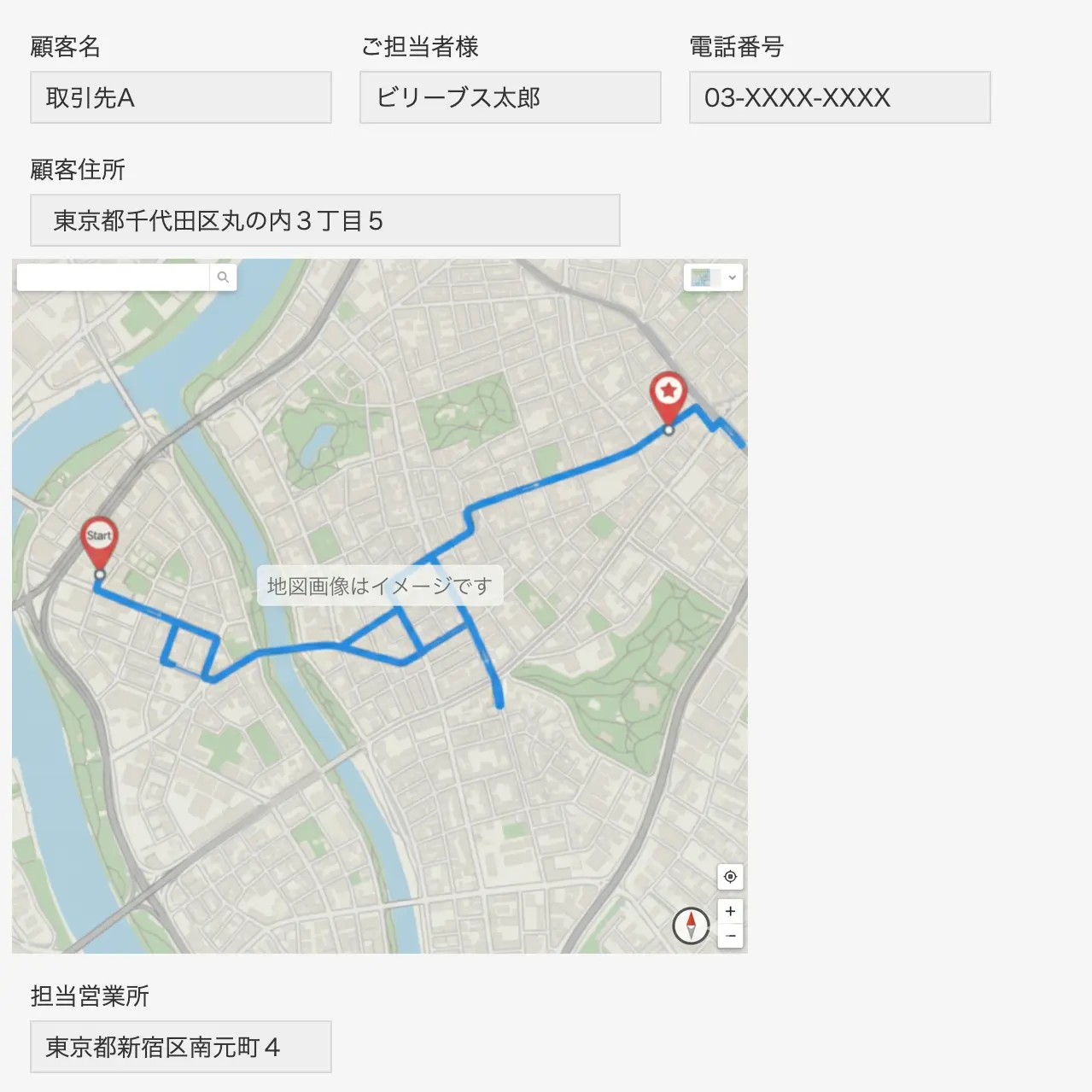 kintoneレコード詳細画面での地図表示イメージ。画面遷移なしでその場でマップを確認できます。